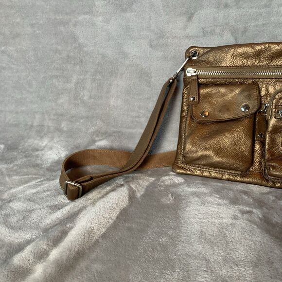 Fossil Crossbody Bag Front Pockets Metallic Bronze/Chocolate Pebbled Leather - Picture 4 of 16